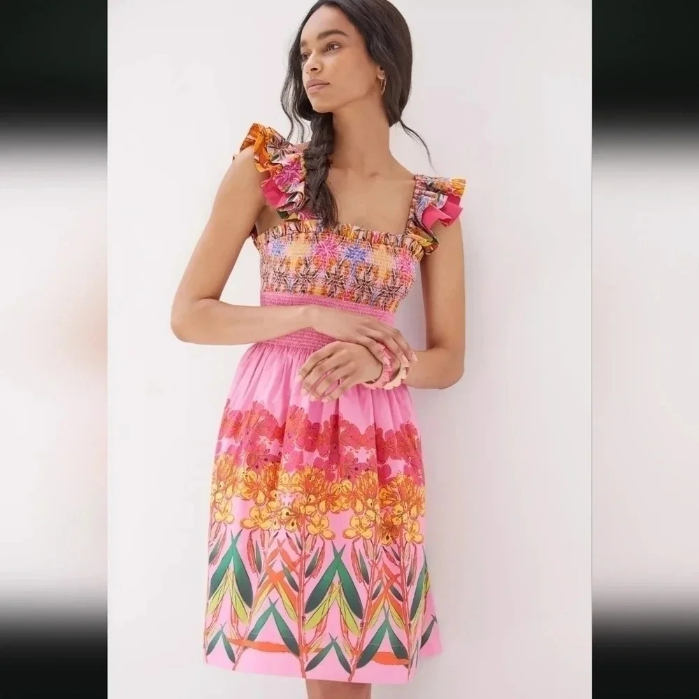 Anthropologie Pink Floral Smocked Mini Dress
